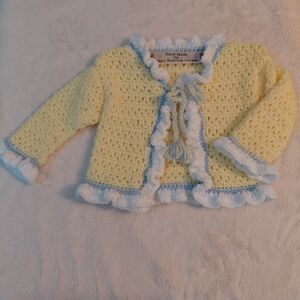 Handmade Yellow, White And Blue Knitted Baby Cardigan
